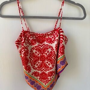 Zara Satin Scarf Top Bandanna Tie Back Red Print Summer Crop Top XS